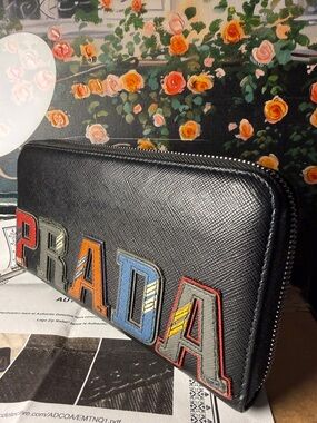 Prada Black Saffiano Leather Zip Wallet with Multicolor Letter Patches w/coa